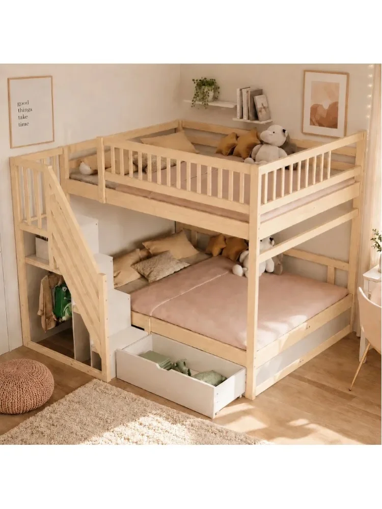 140×200cm Massivholz-Kinderetagenbett, Kinder-Doppelbett mit hohem Sicherheitsgeländer und Gitterpaneel, Aufbewahrungsleiter mit integriertem Fach und Schubladen, robustes Junior-Kinderbett für