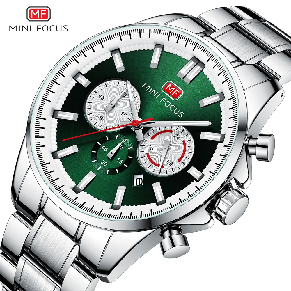 MINI FOCUS Silver Green Dress Watch Men Fashion Waterproof Luminous Quartz Wristwatch with Chronograph Date Steel Strap 24 Hours