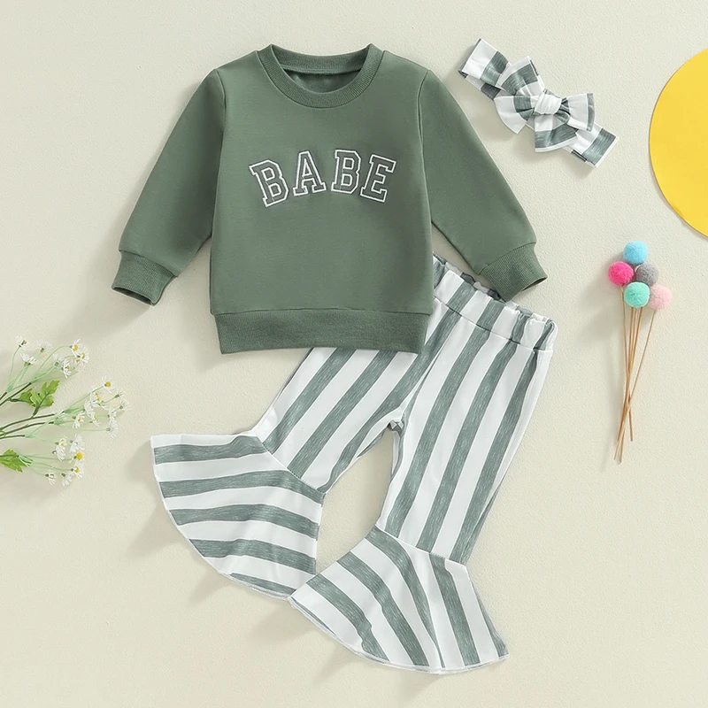 

3-Pieces Toddler Girls Pant Set Letter Embroidered Long Sleeve Round Neck Tops Stripe Print Flare Pants Hair Band Outfits