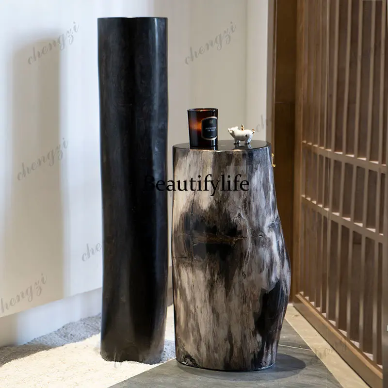 Light luxury fossil wood ornaments, high stone new Chinese style home creative column decorations, entryway combo