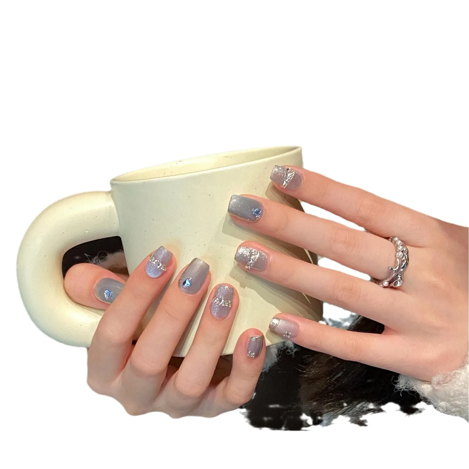 10Pcs Glitter Handmade Fake Nails with Blue Rhinestone Short Ballet Press on Nails Cat\'s Eye Design Full Cover False Nail Tips