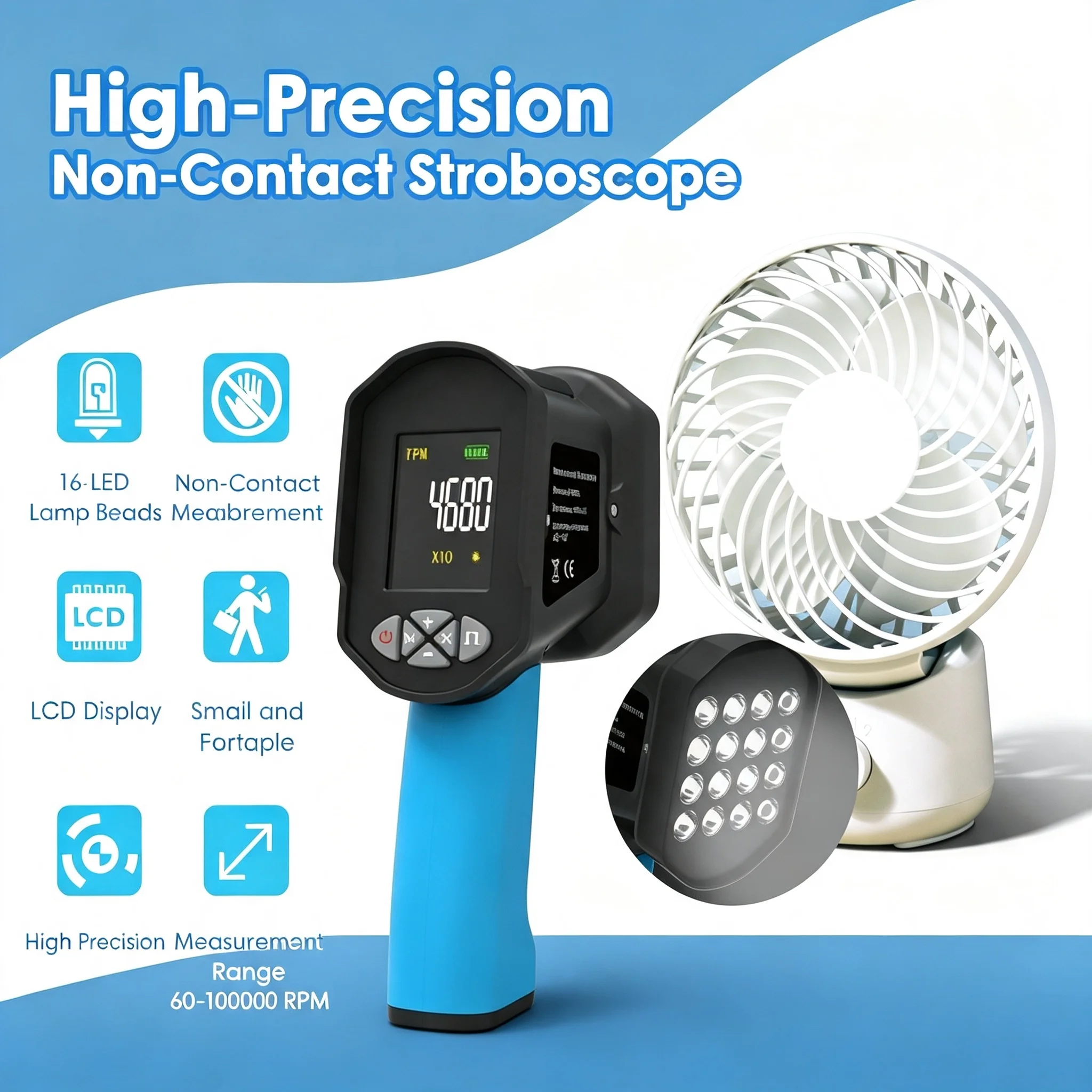 HP-8000B Digital Stroboscope 60-100000FPM 1500Lux, Rechargeable 2000mAh LED Tachometer for CNC Textile & Industrial Use Pro