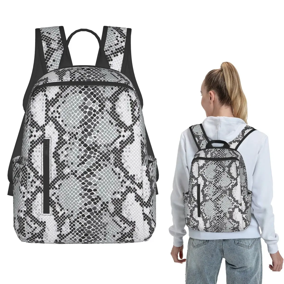 Gray Snake Skin Animal Print Backpack Daypack Boys Girls BookBag School Bag Shoulder Bags for Men Women