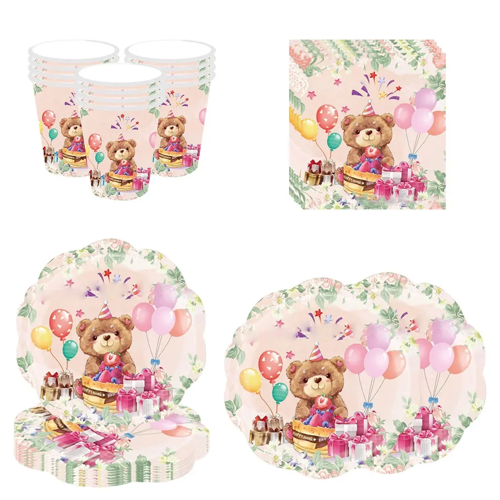 8Guests Pink Bear Theme Disposable Tableware Pink Bear Plate Cup Napkin Babyshower Kids Happy Baby Bear Birthday Party Supplies