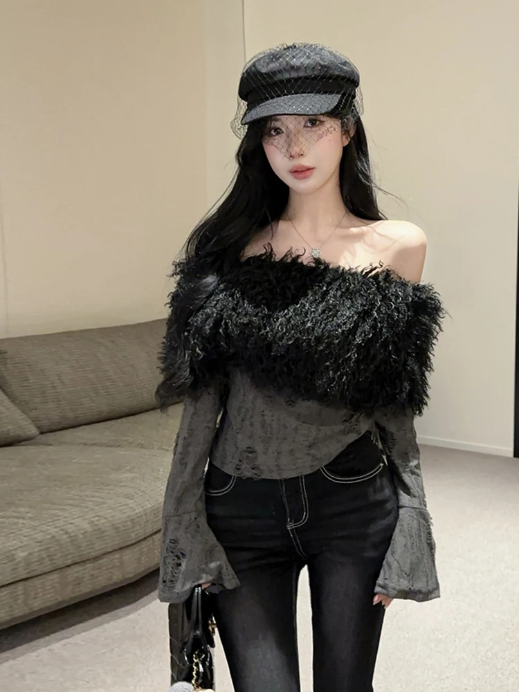 

Retro Gray Fuzzy Collar Knit Blouse Top Women's Sexy Slash-neck Flare-sleeve Short T-shirt Autumn Hotsweet Chic Sweater Inner