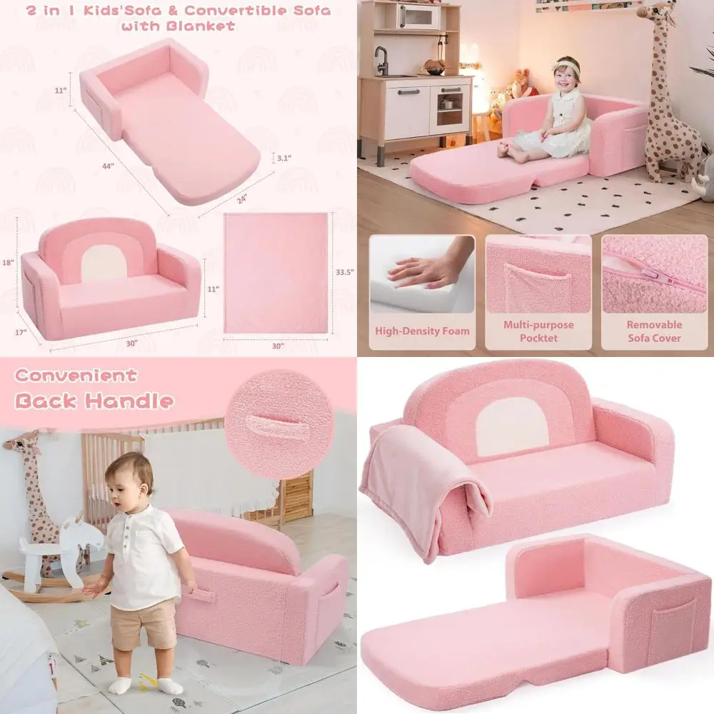 

Wide Toddler Sofa with Blanket, 2-in-1 Comfortable Chair, Convertible Pink Couch featuring Rainbow Pattern