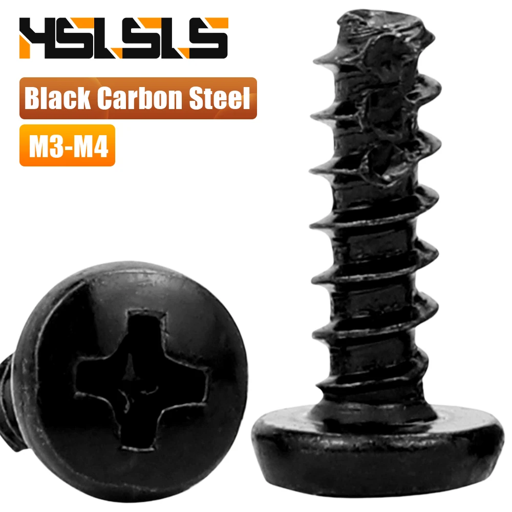 30/50pcs Black Carbon Steel Cross Pan Head Cutting Tail Tapping Screw M3 M3.5 M4 Phillips Drive Tail Cutting Self Tapping Screw