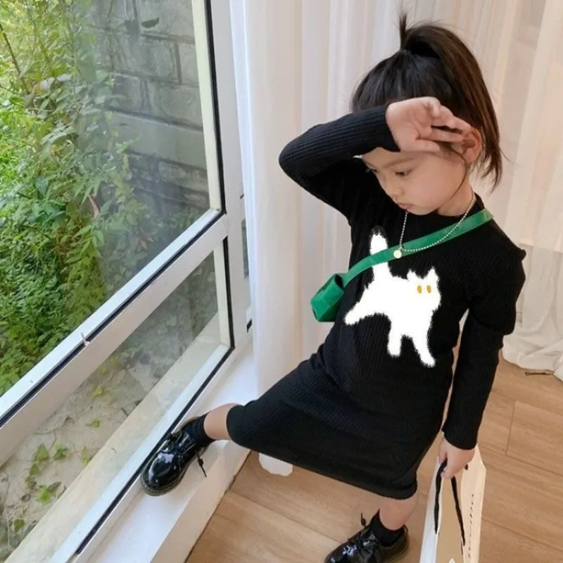 فستان بناتي شتوي جديد 2025 على طراز هيبورن ميلارد أسود صغير - فستان ماكسي بطبقة أساسية على شكل قطة كرتونية لعمر 4-12 سنة