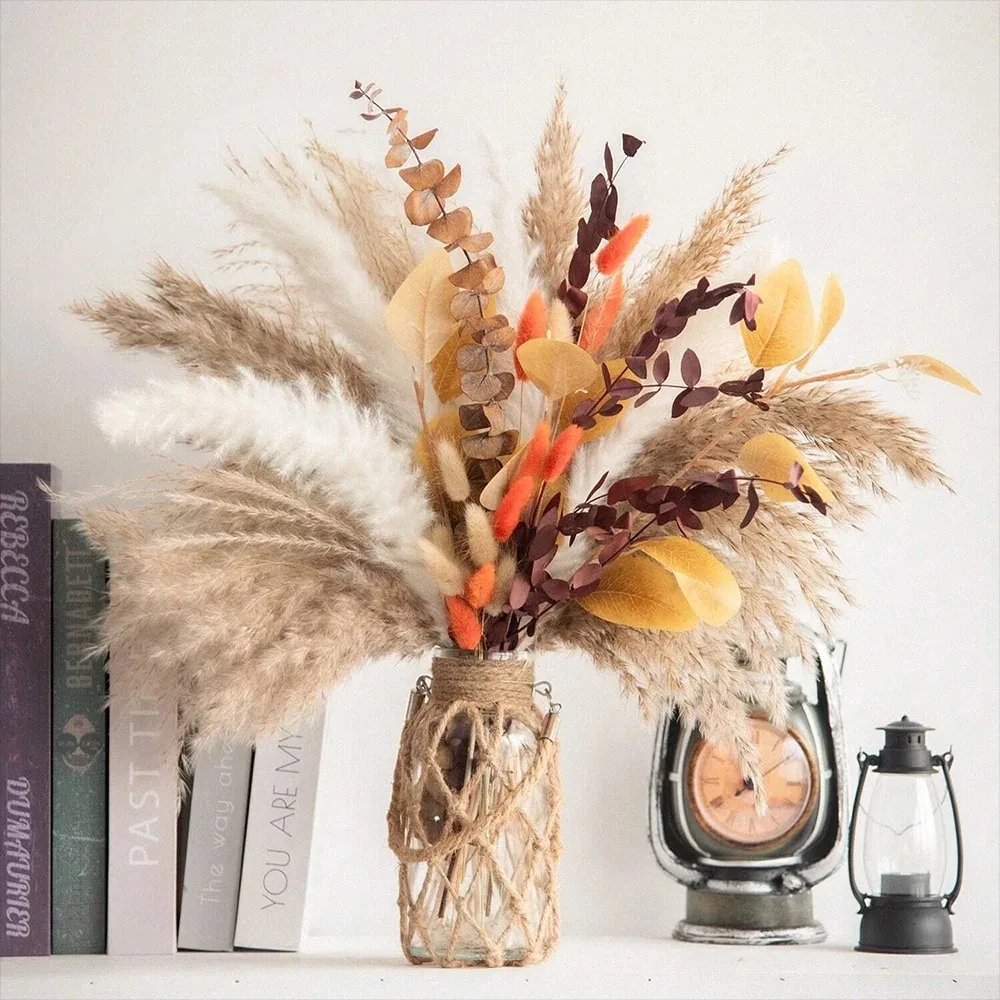 100Pcs Natural Dried Pampas Grass Bonquet,Dried Flowers Fall Decorations for vase Flower Arrangements Boho Wedding Home Decor