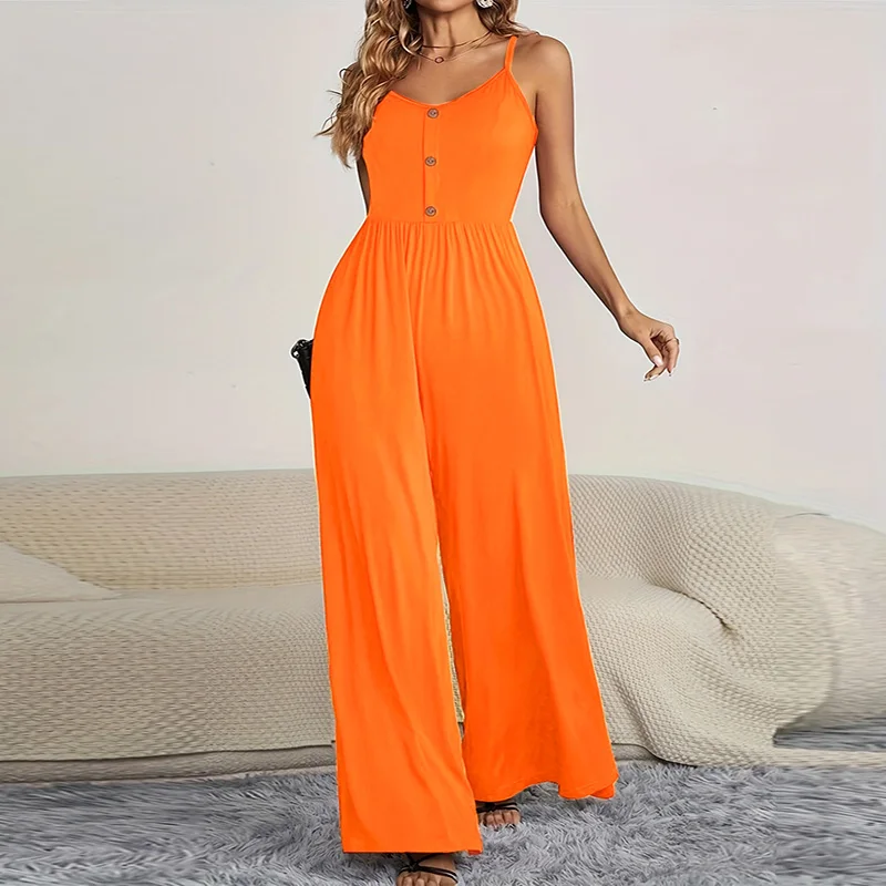 Spring and summer ladies mini solid color suspenders wide-legged one-piece pants