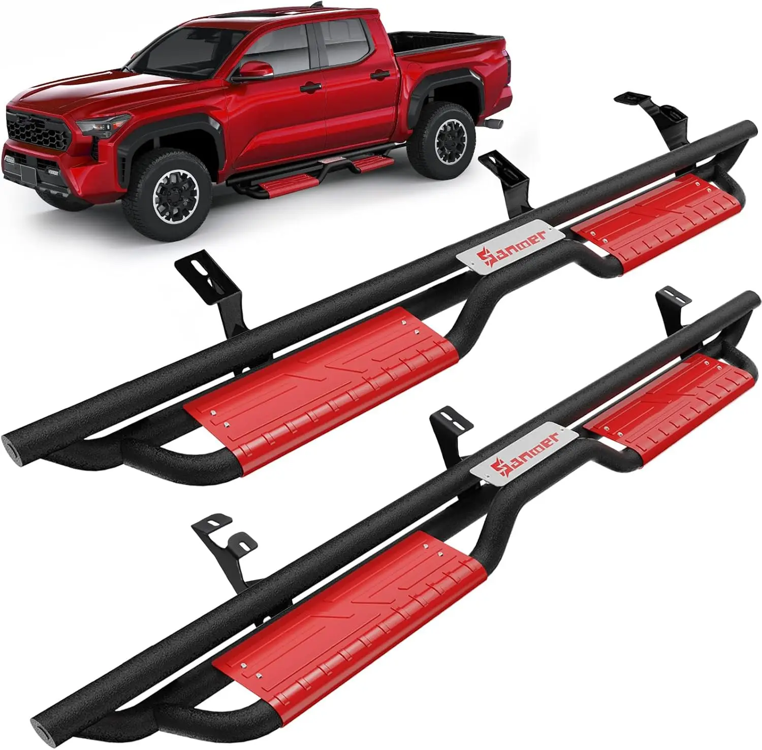 

6-Inch Running Boards for 2024-2026 Toyota Tacoma Double Cab Pickup, Black Carbon Steel with Red Steps, Two Stairs Design