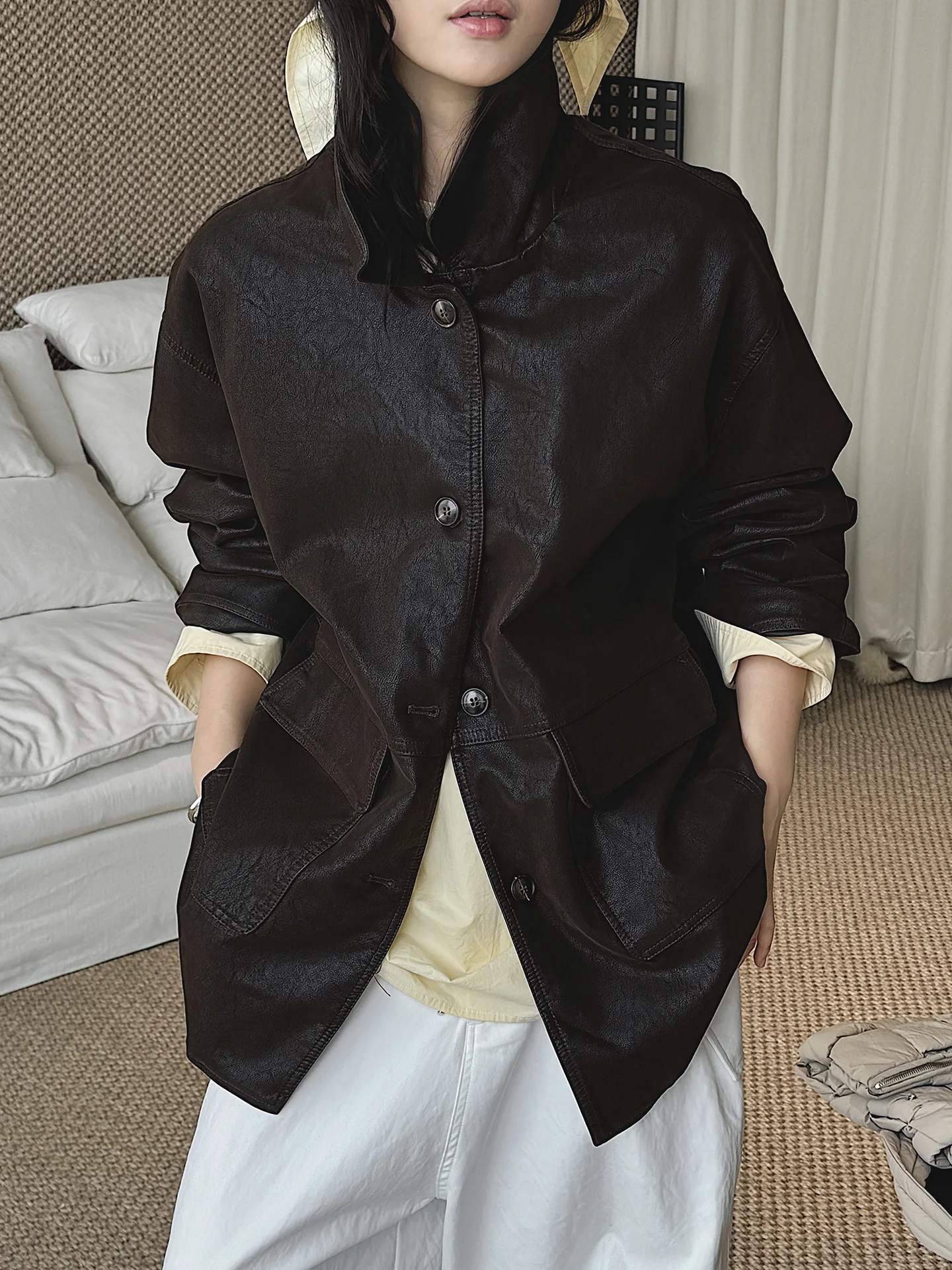 Early spring new Korean retro fashionable matte texture PU lapel jacket with loose silhouette for women
