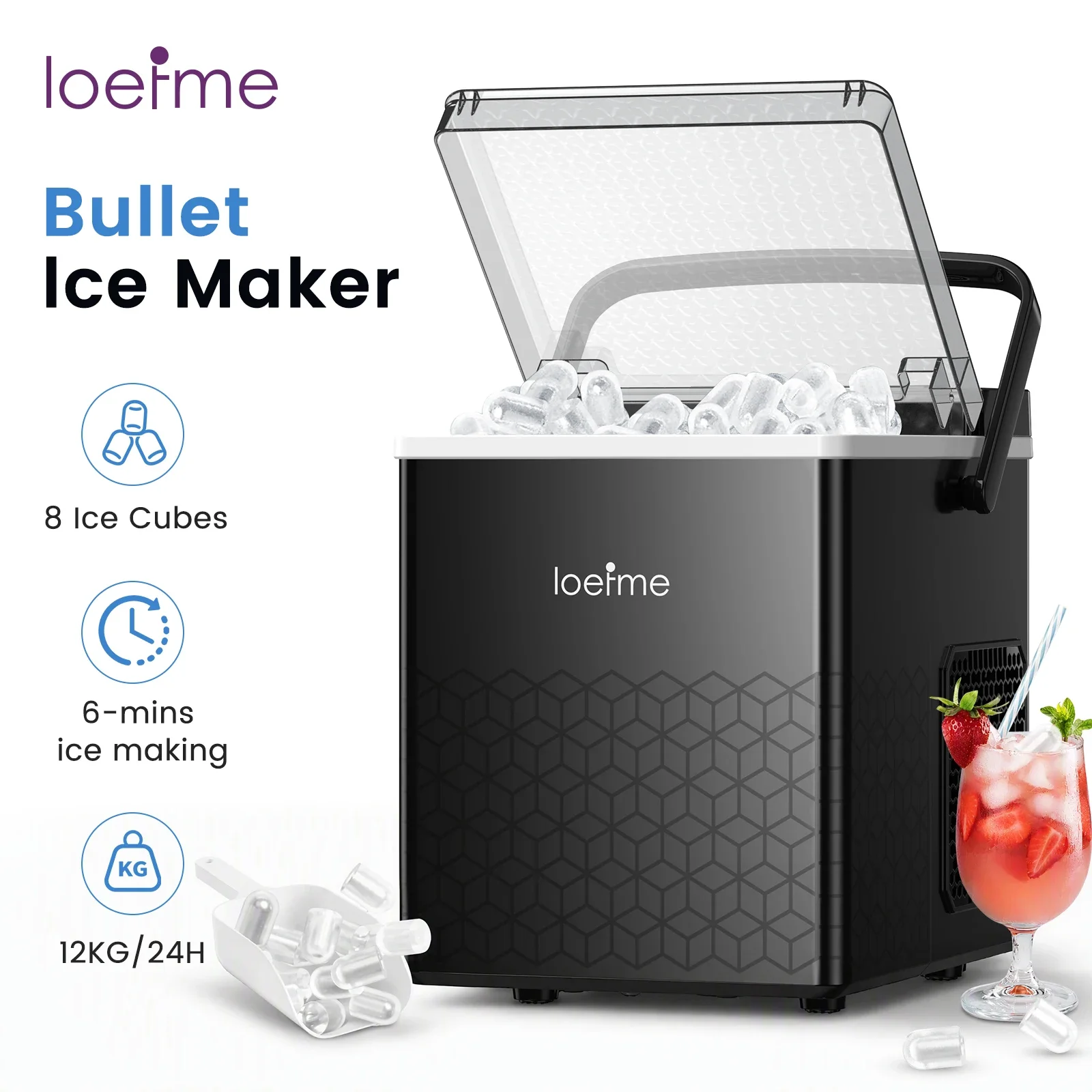 LOEFME Tragbarer Eiswürfelbereiter, 12 kg/24 h, Tisch-Eismaschine, 8 Würfel in 6 Minuten, selbstreinigender Eisbereiter mit Schöpflöffel für Zuhause, Küche, Party, Camping, Bar