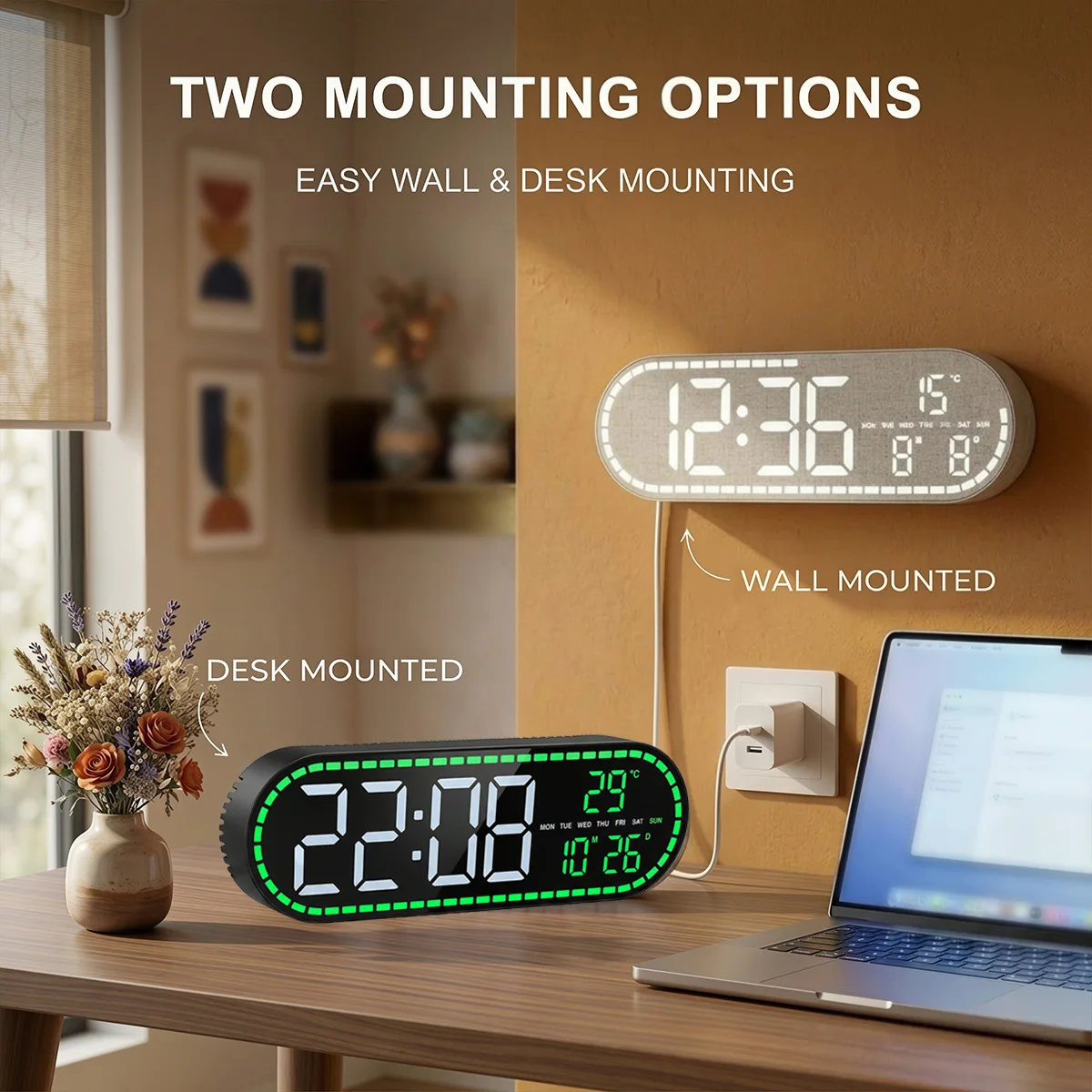 LED Digital Wall Clock Temperature Date Week and Time Display Countdown LED Desk Alarm Clock Brightness Adjustment 12/24H Clock