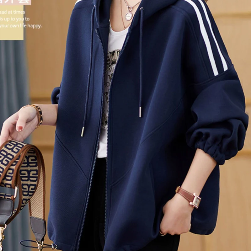 2023 Autumn Winter New Solid Color Hooded Long Sleeve Sweatshirts Cardigan Women Casual Loose Drawstring Pocket All-match Coat