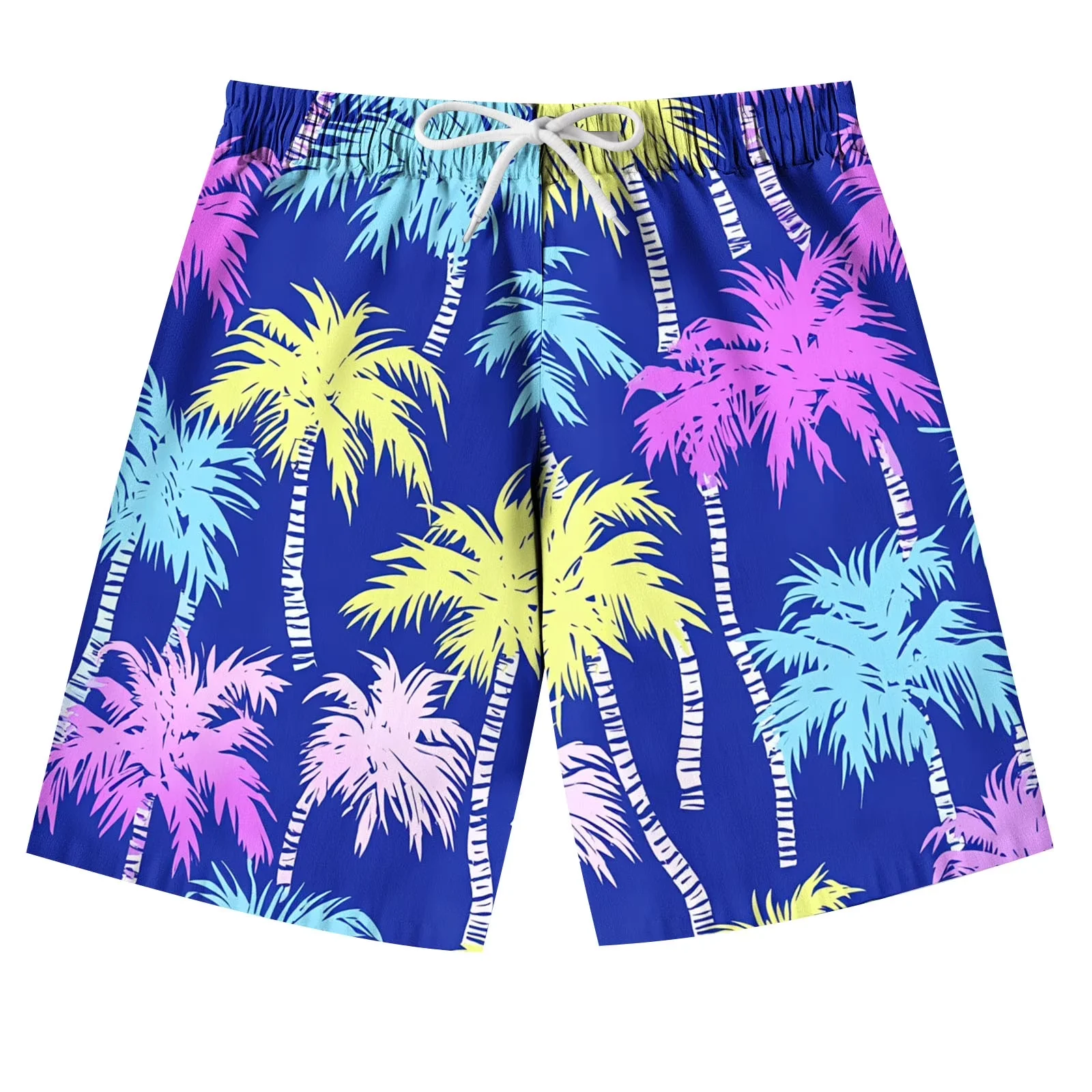 Adult and Children's Hawaiian-style Palm Tree Shorts, Dopamine Color-block 3D Print with Retro Gradient Sunset