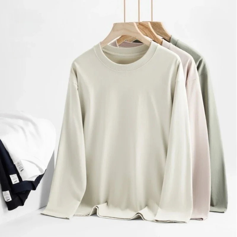 2026 Fashion Loose Versatile Tees 100% Cotton T Shirt Women Autumn Winter Ribbed Causal O-Neck Basic Long Sleeve Harajuku Tops