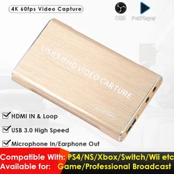 4K HDMI to USB3.0 Video Capture Card with HDMI in and Loopout Compatible with PS4/Nintendo Switch/Xbox One for Game Broadcasting