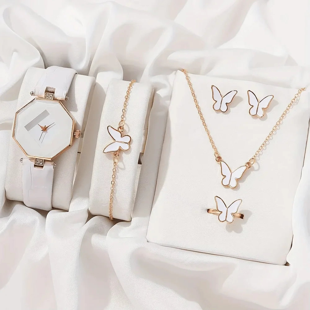 1 قطعة مؤشر مضلع عادية كوارتز ساعة فاخرة حجر الراين التناظرية بولي Leather ساعة يد جلدية و 5 قطعة مجموعة مجوهرات ، هدية لأمي/لها