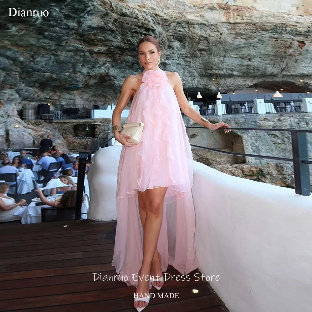 

Dianruo Sexy Pink High Low Evening Dresses Ruffle Sleeveless Chiffon Party Gowns A Line Halter Prom Dresses For Women Customized