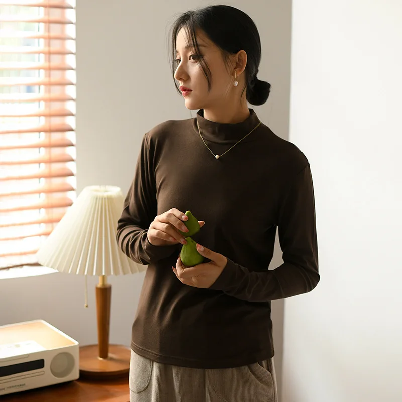 UMI MAO قميص نسائي ربيعي جديد بأكمام طويلة نصف الياقة المدورة قميص مرن للتخسيس ملابس خارجية نسائية تي شيرت علوي نسائي #6