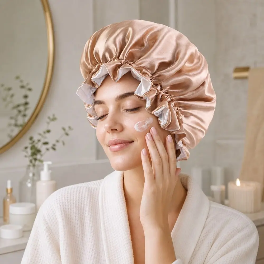 Soft Double Layer Satin Sleep Bonnet Reversible Wear Large lace Shower Caps Reusable Head Wrap Chemo Head Cover for Women & Men