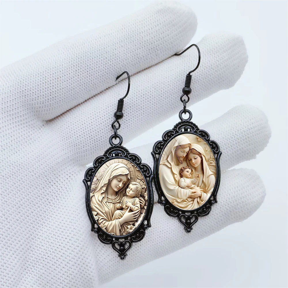 Nuevos pendientes de la Virgen María, pendientes ovalados de encaje negro, diseño único, piedras preciosas de tiempo religioso, cúpula de cristal hecha a mano, regalo de joyería