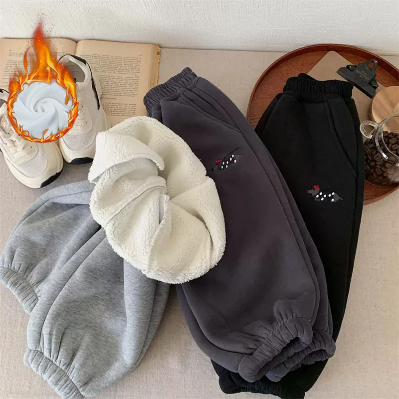 

Зимние стеганые брюки для мальчиков и девочек, детские брюки из овечьей шерсти, новые утолщенные теплые брюки с манжетами, детские повседневные спортивные штаны с героями мультфильмов