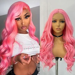 Pink Body Wave Synthetic Lace Front Wigs For Women Long Pink Wig Natural Hair Heat Resistant Synthetic Hair Daily Use Cosplay