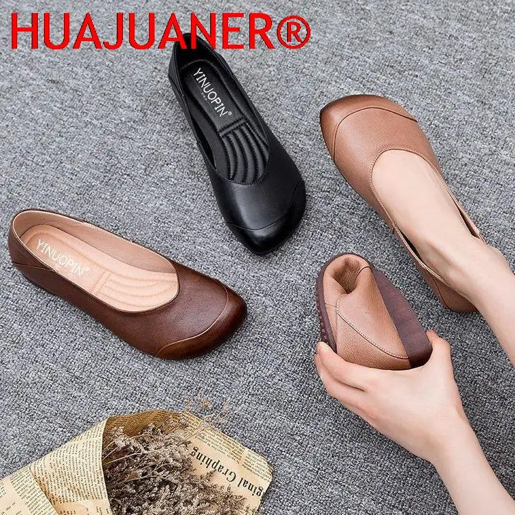 Women Ladies Soft Leather Ballet Flats Foldable Roll-up Shoes Brief Square Toe Grandma Shoes Woman Street 2-ways Retro Moccasins