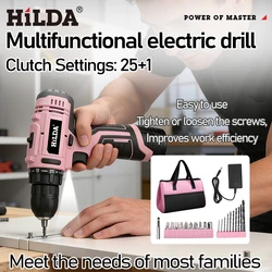 HILDA Pink Cordless Drill 25+1 Torque Electric Screwdriver Portable Power Tool Exclusive Female Gift for Birthday Holiday DIY