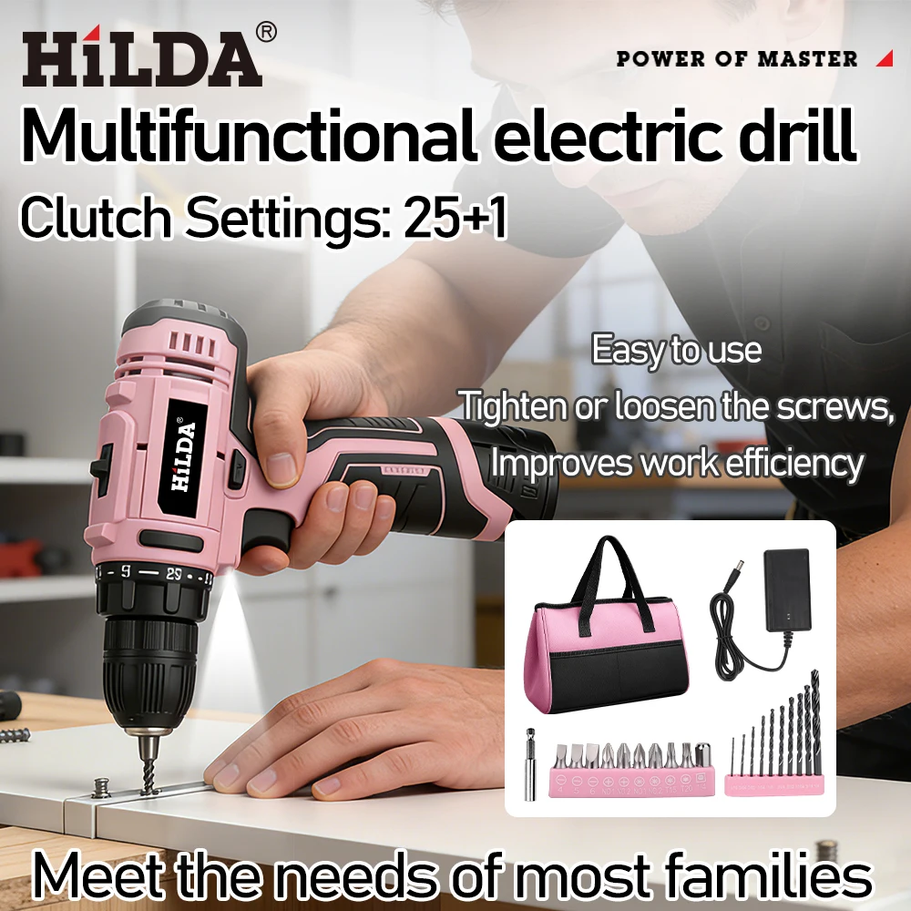 HILDA Pink Cordless Drill 25+1 Torque Electric Screwdriver Portable Power Tool Exclusive Female Gift for Birthday Holiday DIY