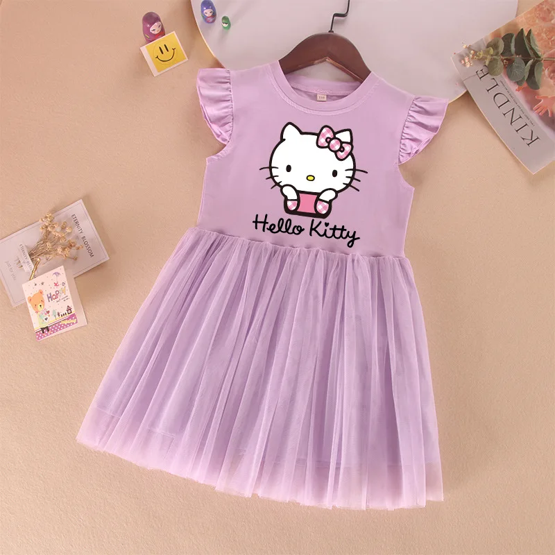 New Hello Kitty Kawaii Girls Fly Sleeve Mesh Tutu Dress Fashion Casual Children Princess Summer Puffy Gown Skirt Birthday Gifts