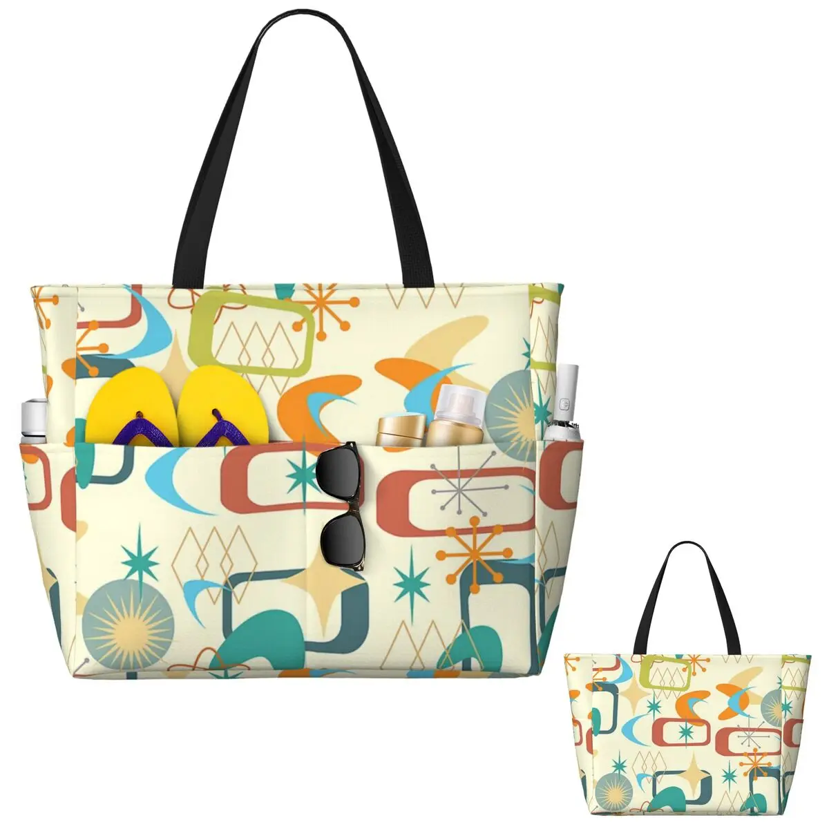 The Atomic Age Mid Century Modern MCM Shape Pattern Beach Tote Bag Gym Yoga Duffle Large Tote Bag Women Travel Bag Fitness bag
