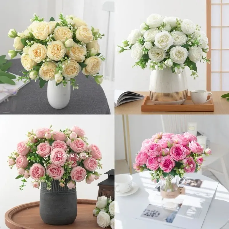 1-3 قطعة 30 سنتيمتر باقة الحرير الوردي الوردي الفاوانيا زهرة اصطناعية 5 رأس كبير 4 برعم صغير العروس ديكورات منزلية للزفاف زهرة اصطناعية