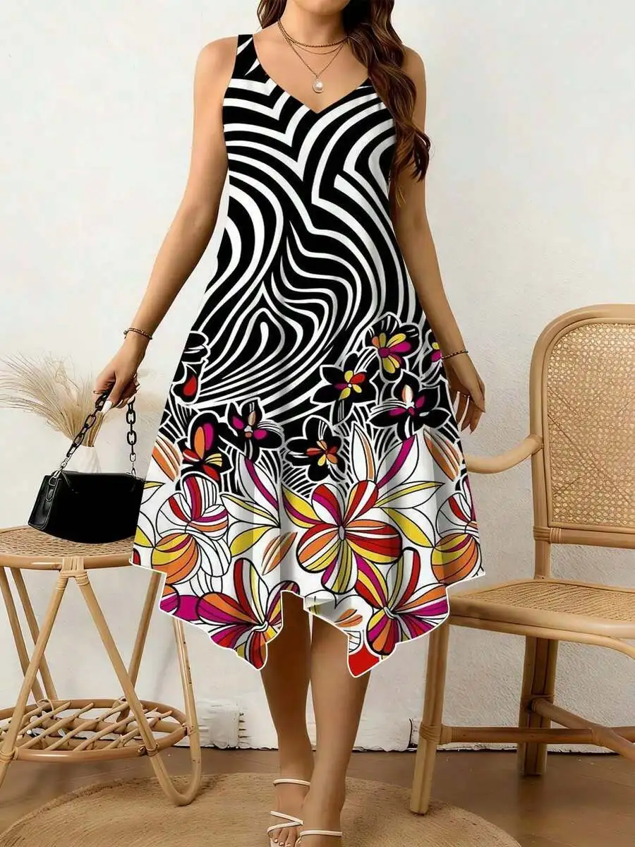 

Women V Neck Irregular Hem Dress Black White Abstract And Colorful Floral Print Summer Beach Casual
