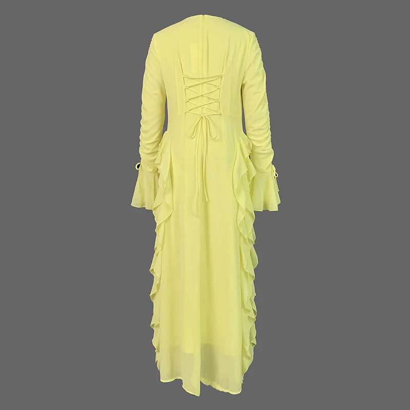 Uoozee Elegant Yellow Evening Maxi Dresses For Women 2025 New Spring Autumn Flare Sleeves Falbala Lace-up Prom Party Long Dress