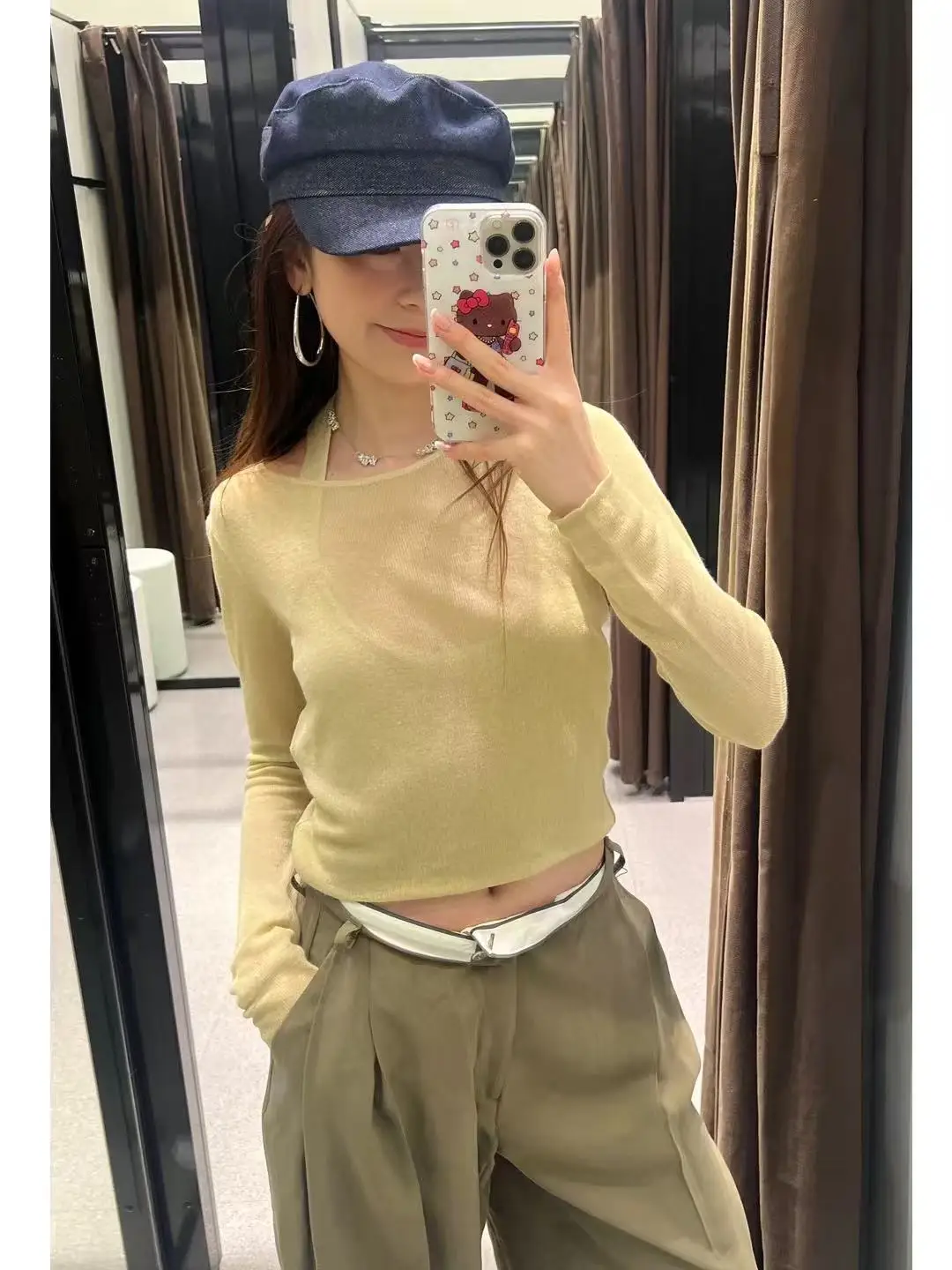 Słodki, długi, okrągły dekolt, dzianinowy top, jednolity kolor, modny, damski, nowość na jesień 2025, włókno poliestrowe, luźny krój.