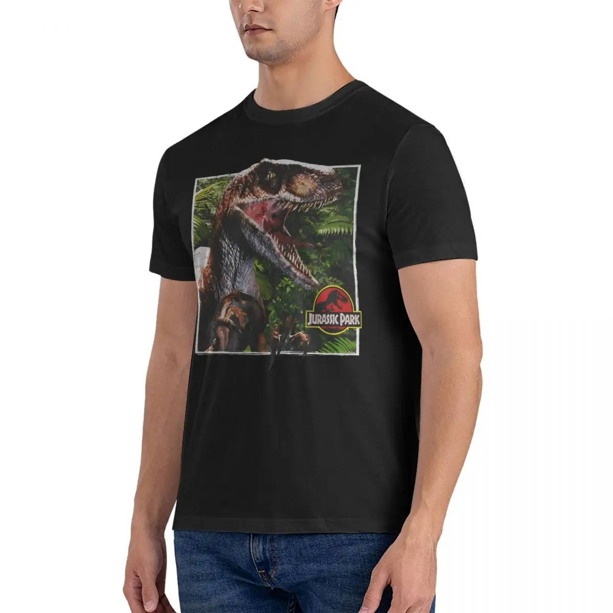 Men's T-Shirt Scheming_Raptor Funny Cotton Tees Short Sleeve Jurassic Park Dinosaurs Film T Shirts Round Collar Tops Party