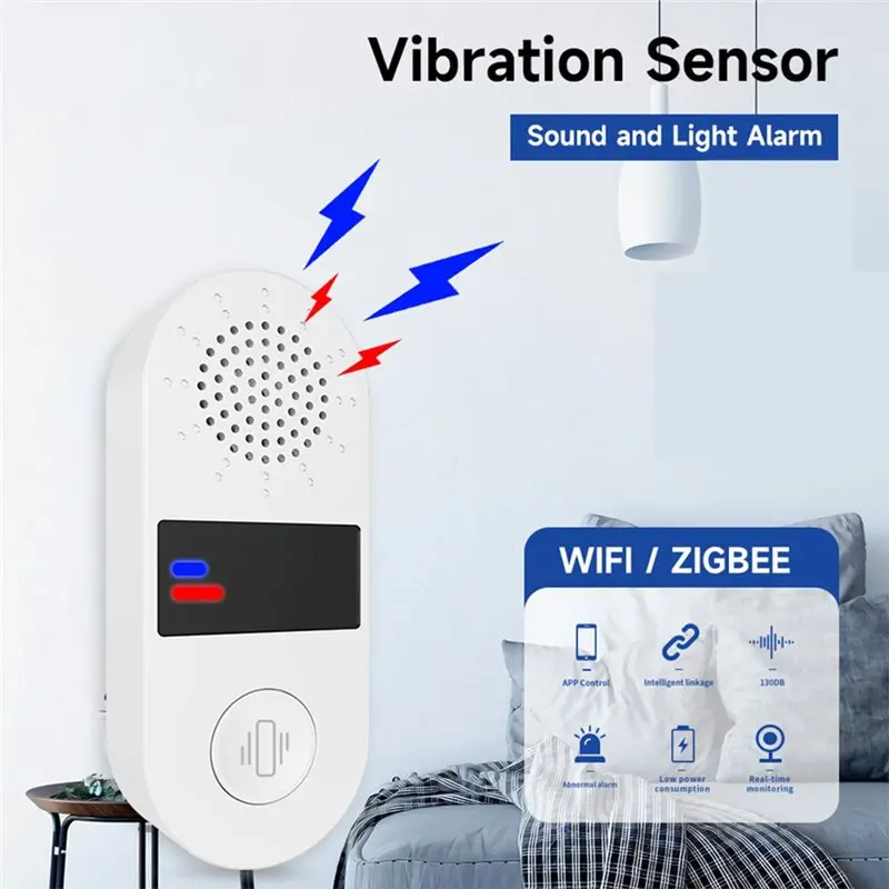 CABE-Tuya Czujnik Wibracji WiFi Alarm Dźwiękowy i Świetlny 130dB Inteligentna Aplikacja Alarm Wibracyjny w Czasie Rzeczywistym Wykrywanie Wibracji Bezpieczeństwo Domu Alarm Uderzeniowy