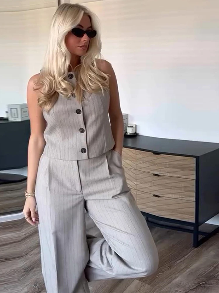 Twill Striped Vest Pants Two-piece Set Women Casual O-neck Single Breasted Tops Suit With Straight Pant Lady Office Chic Outfits