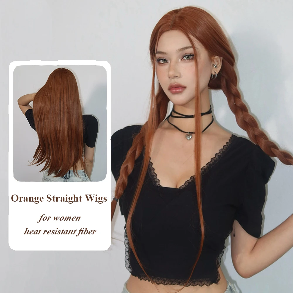 

ALAN EATON Длинные оранжевые прямые синтетические парики Оранжевые волосы Средняя часть парика для женщин Высокотемпературное волокно Натуральная повседневная вечеринка