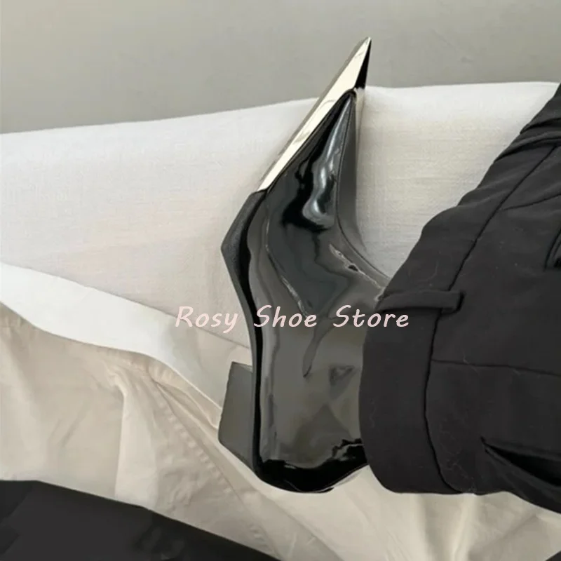 

Luxury Silver Metal Pointed Toe Short Boots Novel Design Women's Autumn Chunky Heel Side Zip Black Patent Leather Ankle Boots