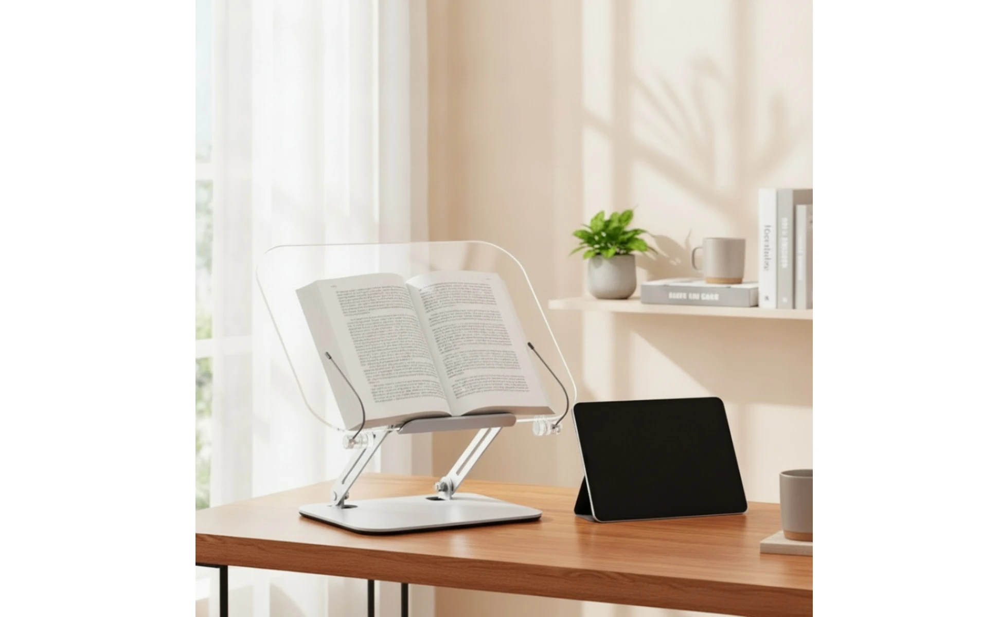 Clear Book Holder with Adjustable Arms Transparent Acrylic Reading Stand Book Stand with Page Clips Slanted Desk Accessories
