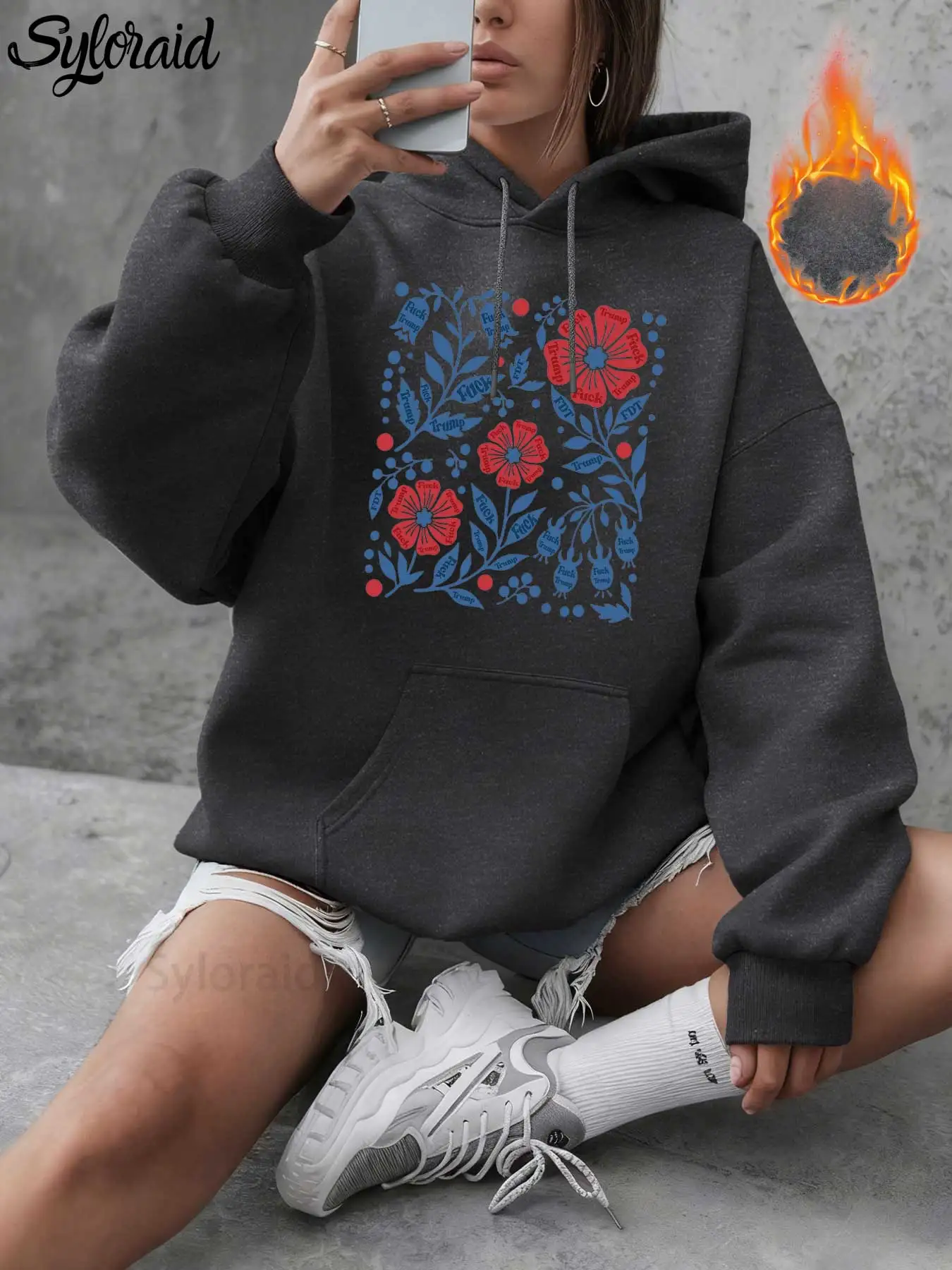 Damska bluza z kapturem oversize, pluszowa, codzienna, z nadrukiem kwiatowym FDT, bluza z kieszenią kangurką na zimę.