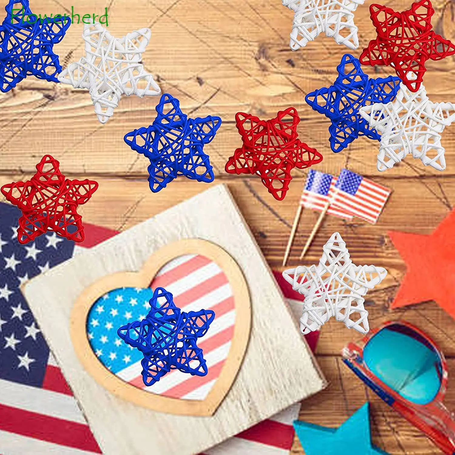 18pcs 4th of July Star Rattan Decoration Red Blue White Stars Independence Day Home Decor DIY Craft Vase Bowl Filler Table