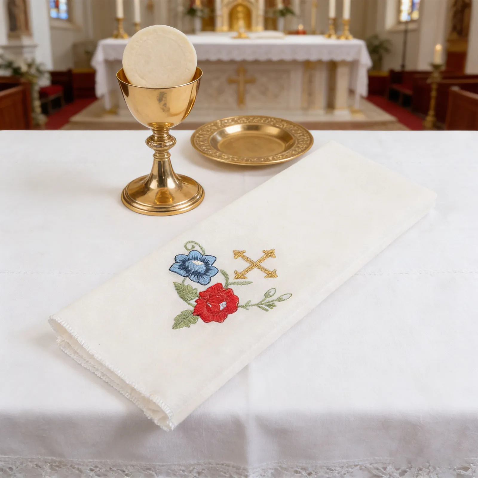Catholic Church Altar Linen Holy Communion Table Cloth Cover Embroidered Center Cross Purificator for Mass Sacred Rites