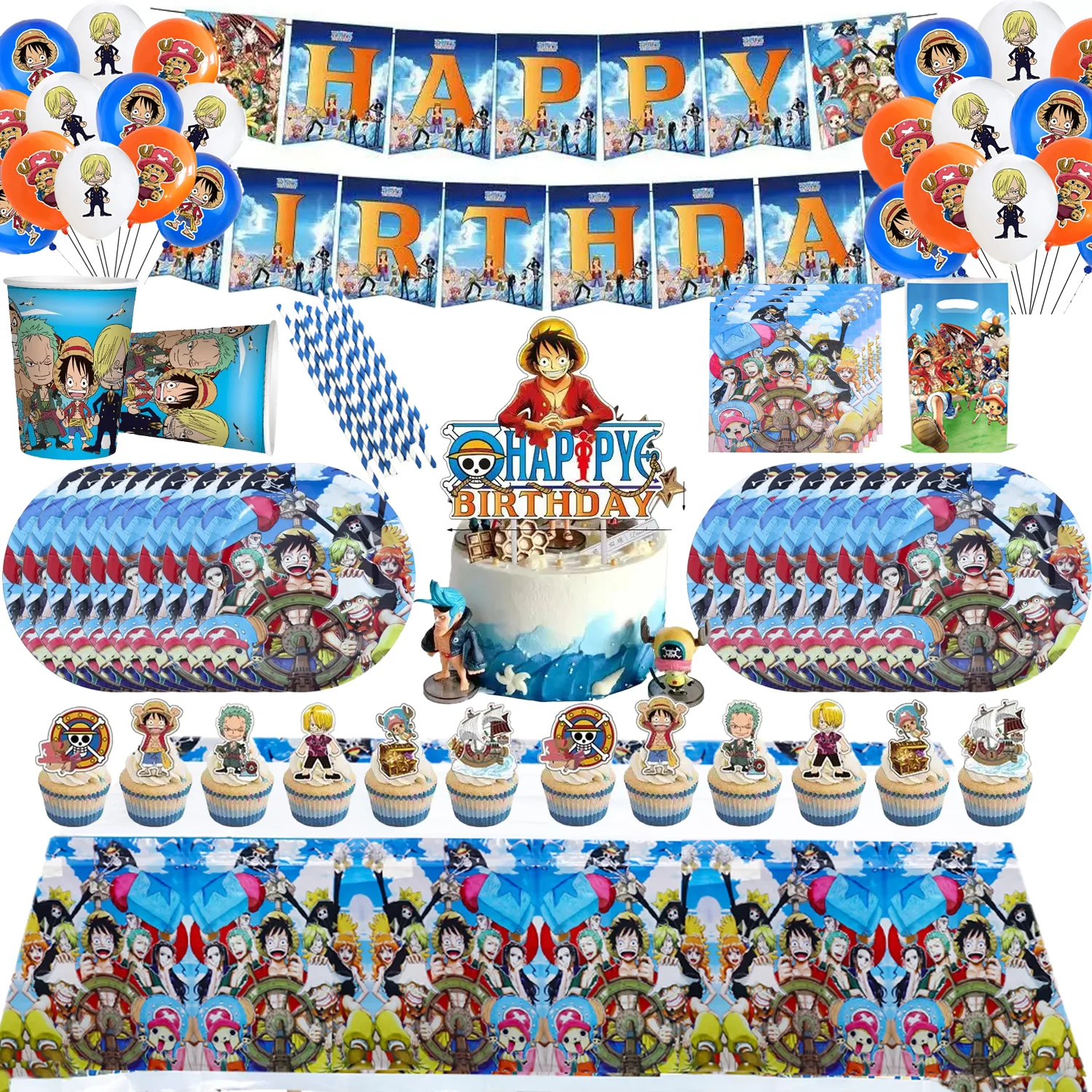 One Pieced Luffy Party Supplies Children's Birthday Party Decoration and Table Accessories Dining Cup Plate Party DIY Toy Gifts