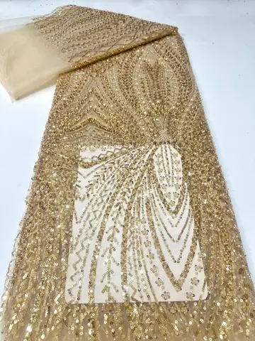 Luxury Gold Beaded Sequins Lace Fabric Tulle Lace African Lace Fabric 5 Yards High Quality Sequence Mesh Lace Fabric For Sewing