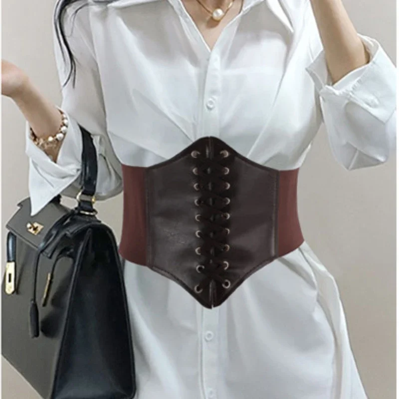 Women\'s Corset Belt Gothic Fashion PU Leather Female Lace-up Corset Belts Slimming Waist Vintage Corset Black Wide Belt for Girl